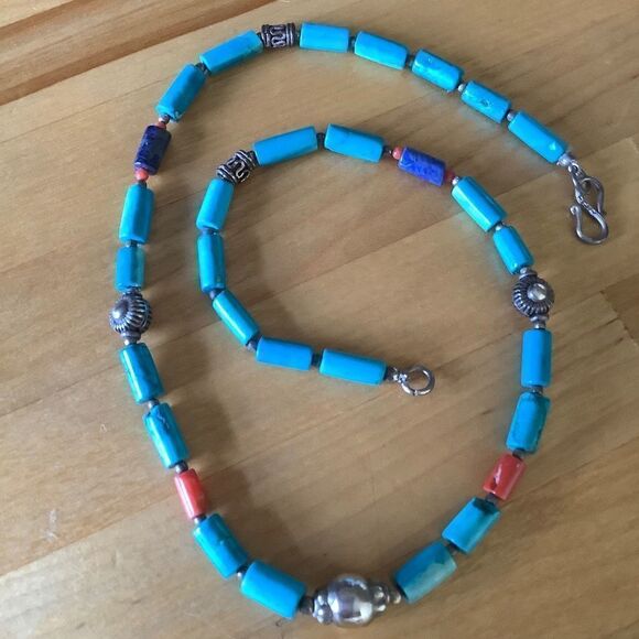 NWOTsterling SILVER 925 VINTAGE TURQUOISE/LAPIS/CORAL SILVER BEADS NECKLACE - Picture 6 of 6